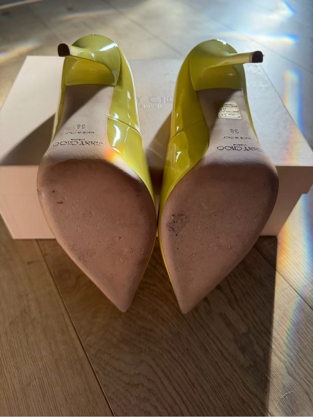 Jimmy Choo Anouk Patent Leather Lemon Pointed-Toe Stiletto Heels